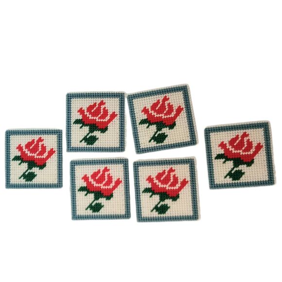 VTG Needlepoint Red Rose Coasters Plastic Canvas Set Of 6 With Box Cottagecore - Picture 2 of 8